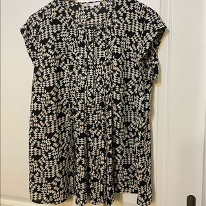 DR2 tunic Blouse XL pleated front black/white/mustard geometric print EUC